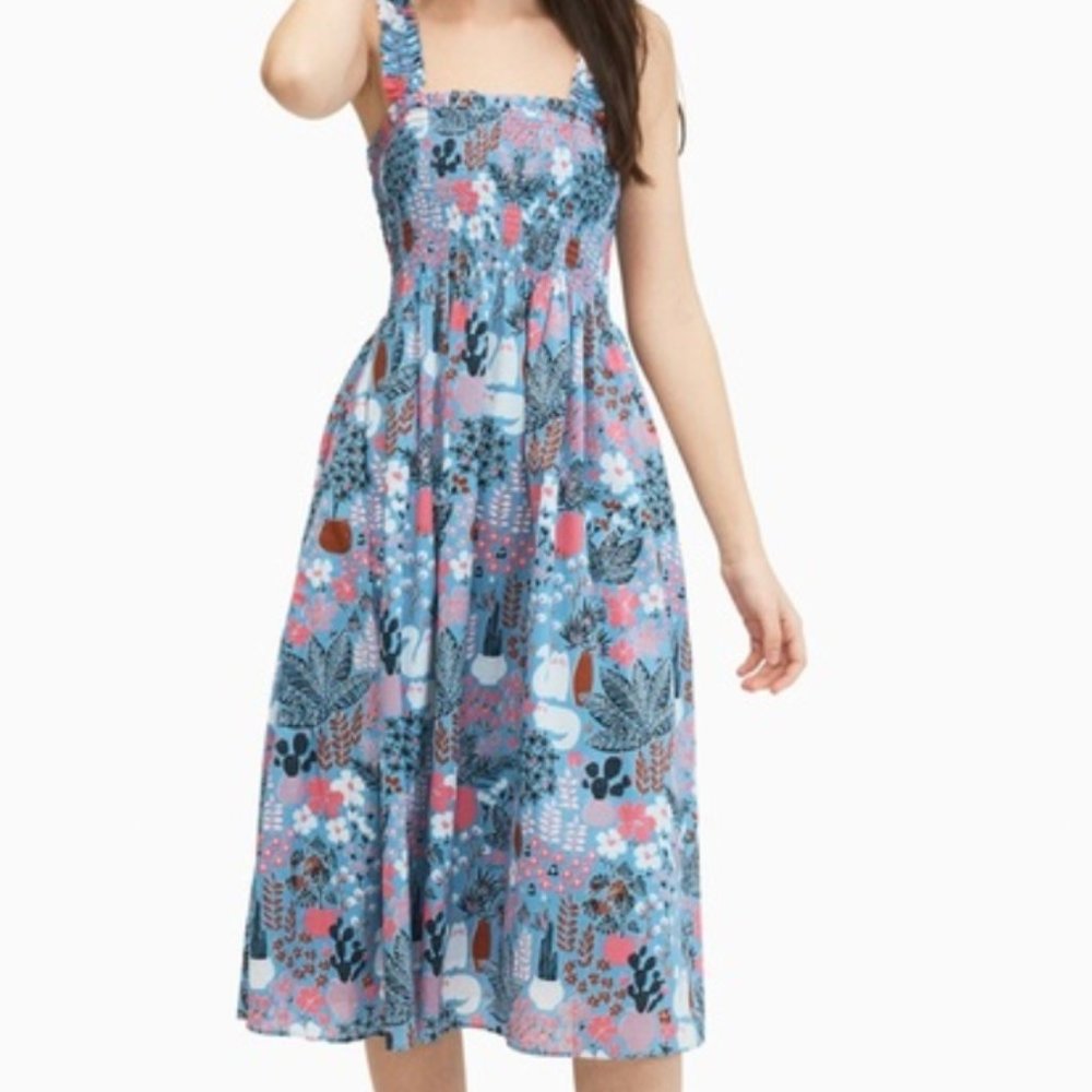 Kate Spade garden posy smocked midi floral and cat dress SIZE: SMALL